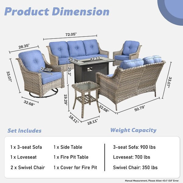 XIZZI Outdoor Rattan Wicker Patio Furniture Conversation Set with Fire Pit Table