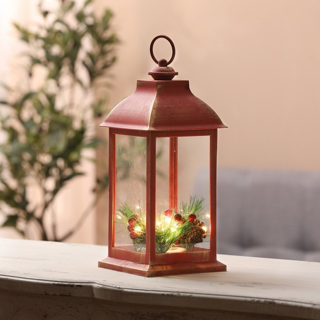 Luxenhome Lighted Christmas Holiday Berry And Pine Cone Rustic Red Lantern