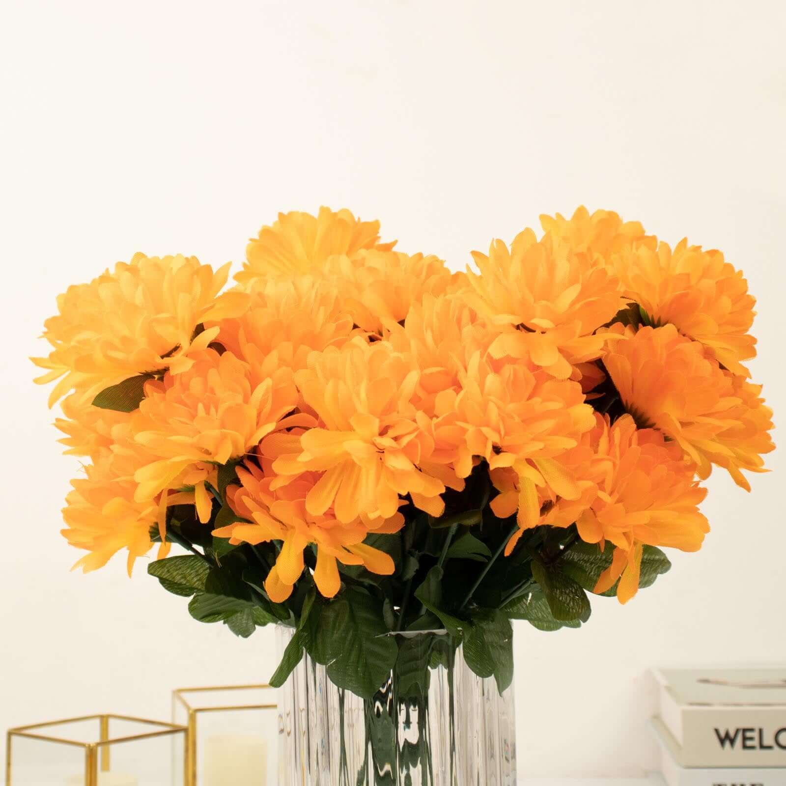 12 Bushes Orange Artificial Silk Chrysanthemum Flower Bouquets