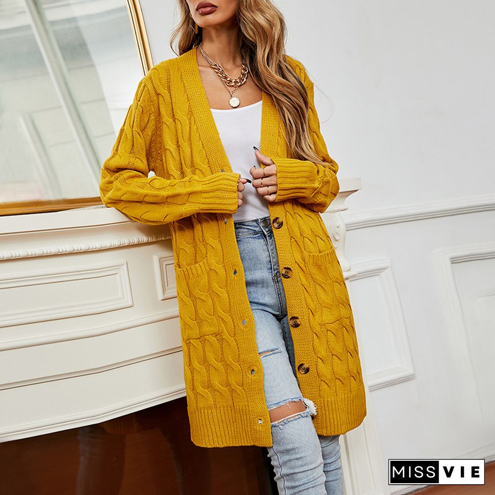 Casual Women Long Cardigan Sweater Jacket Winter New Solid V-neck Pocket Button Knitwear Vintage Twist Cardigans Women