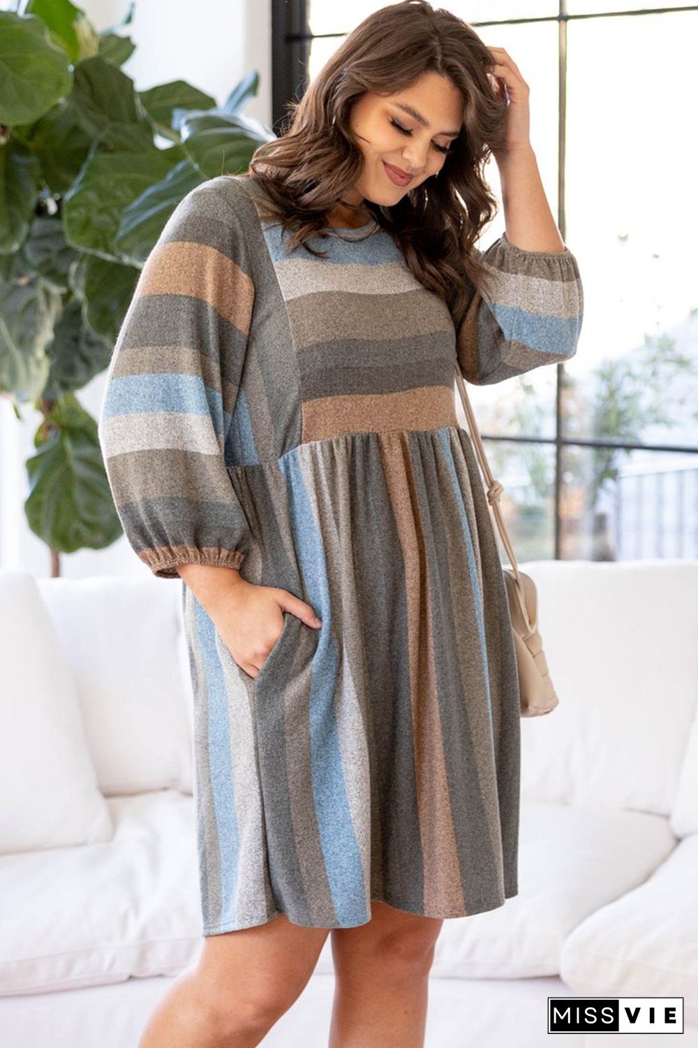 Stripe Plus Size 3/4 Sleeves Striped Print Empire Waist Dress