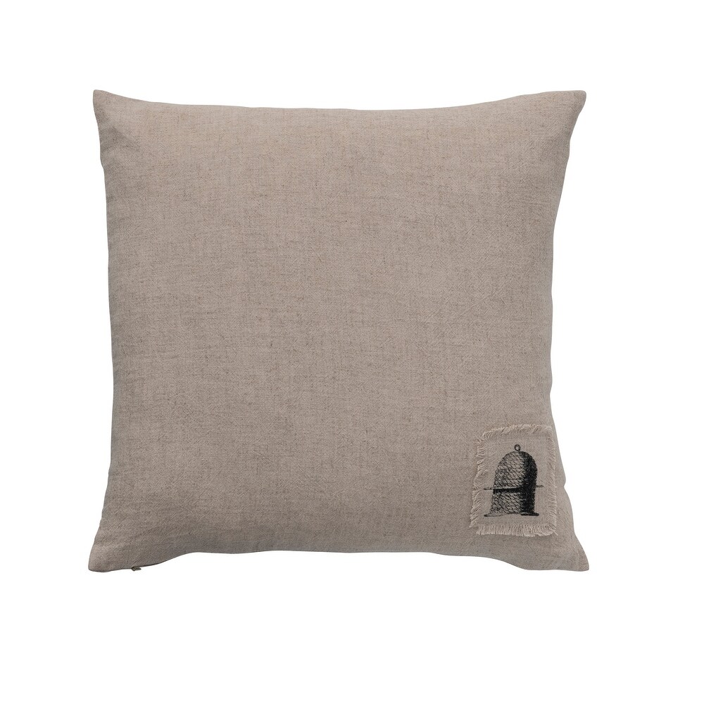 Printed Linen Blend Pillow with Patches and Flower Prints