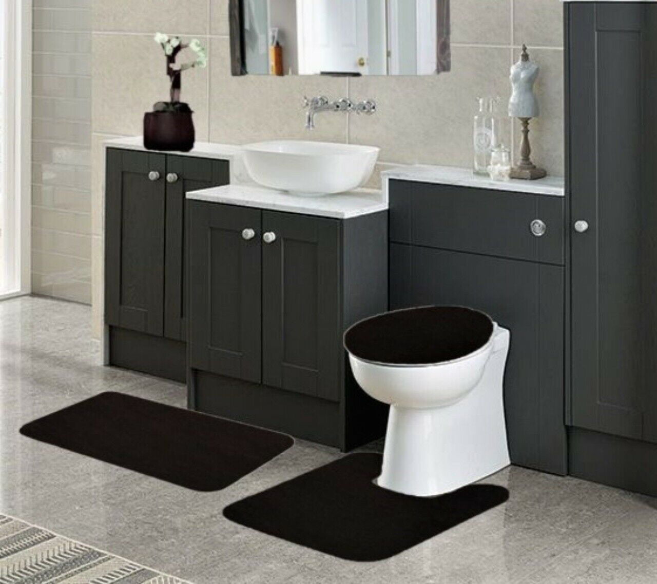 Non Slip Mat Rug for bathroom Black Color #6 Ultra Soft Chenille 1 Mat ，1 Contour Mat， 1 Lid Cover Plus 4pc Ceramic Accessories