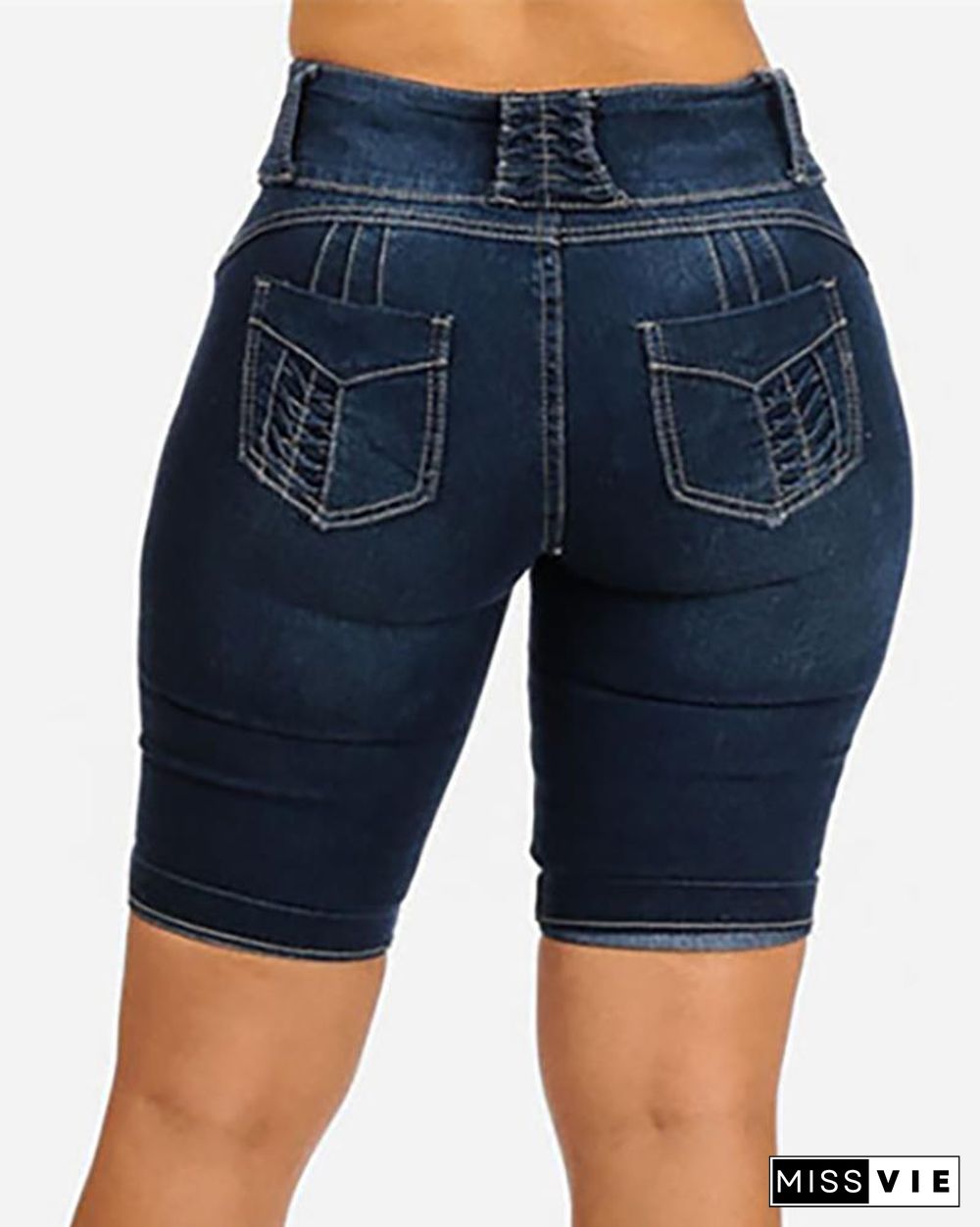 Button Design High Waist Pockets Denim Shorts