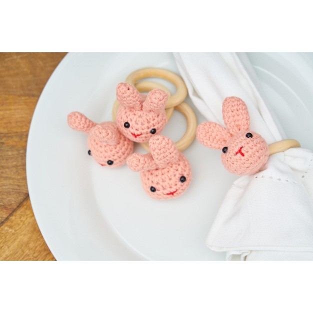 C amp f Home Pink Knitted Bunny Napkin Ring Set Of 4