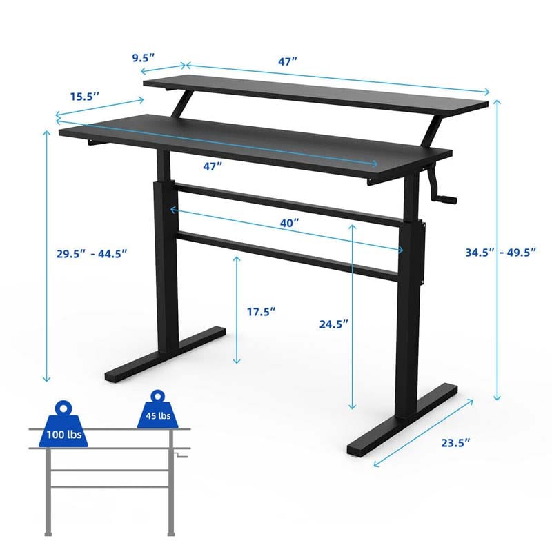 2-Tier Standing Desk, Height Adjustable Sit Stand Up Desk, Computer Desk Workstation with Monitor Stand & Foldable Crank Handle