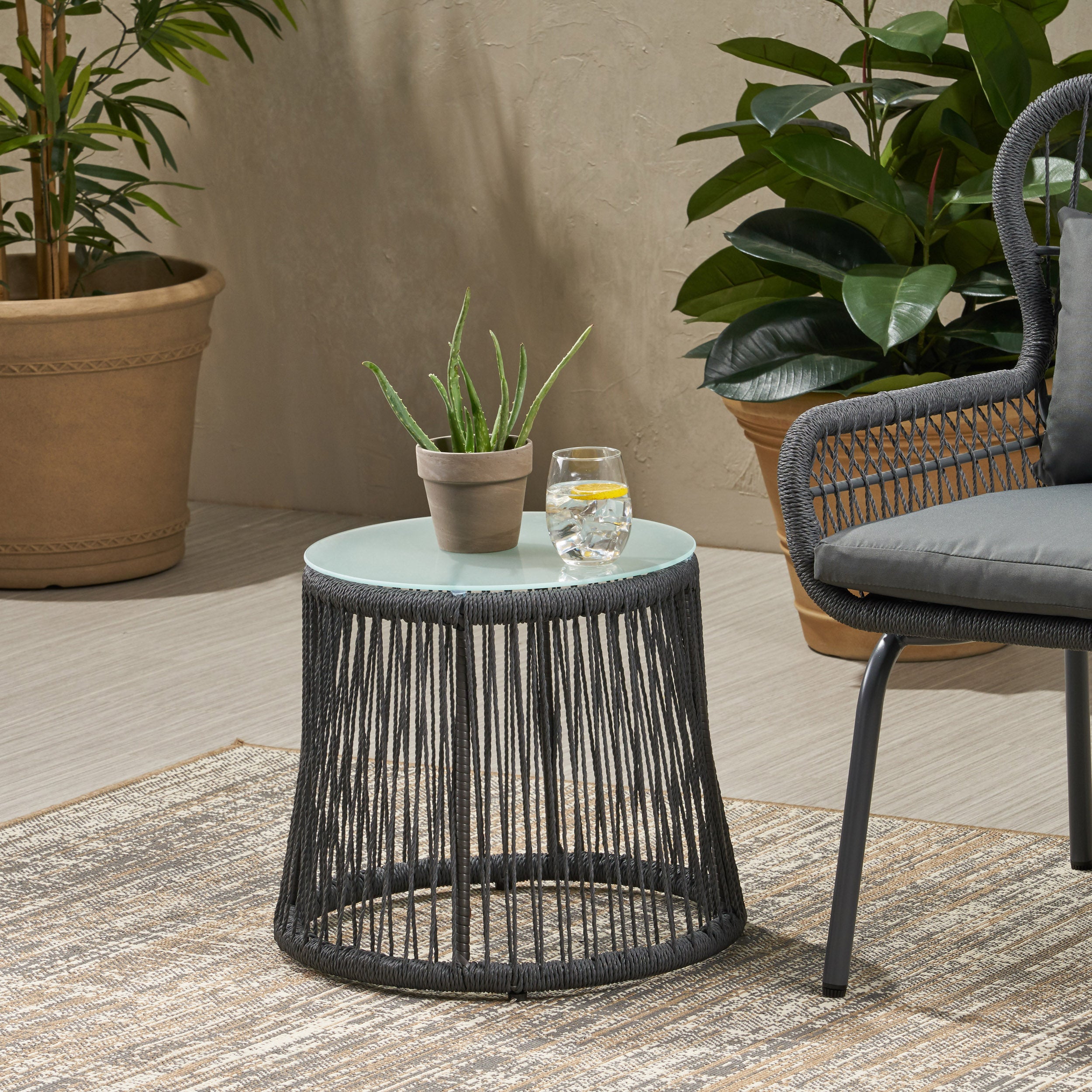 Karen Outdoor Side Table, Steel and Rope, Tempered Glass Table Top, Boho