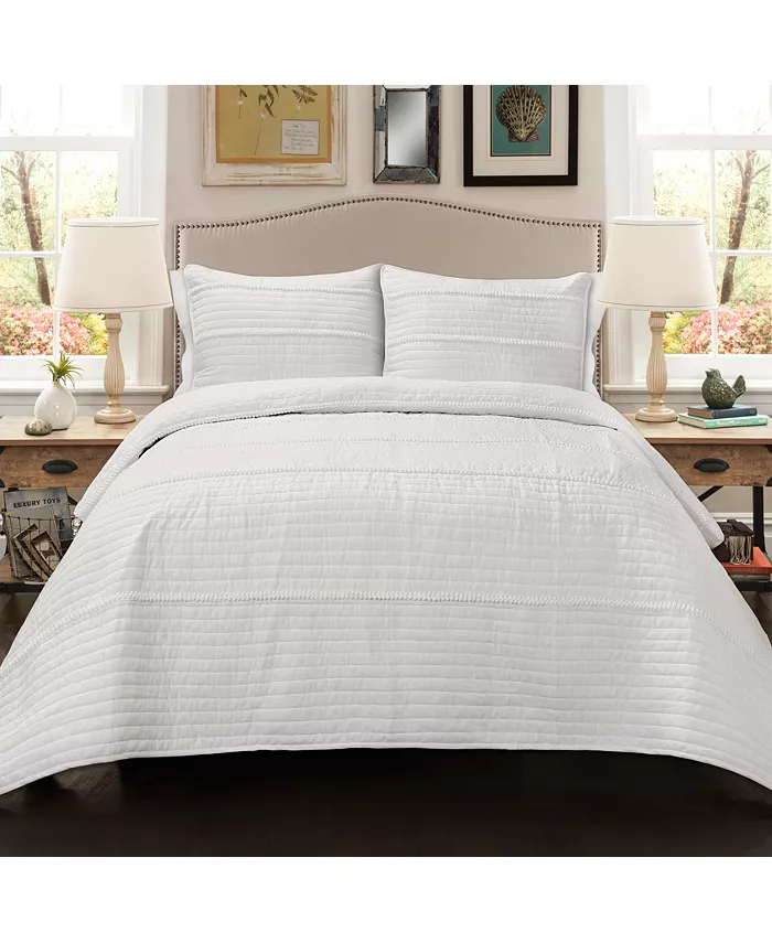 Lush Dandeacute;cor Pom Pom Stripe 3-Piece Full Queen White Quilt Set