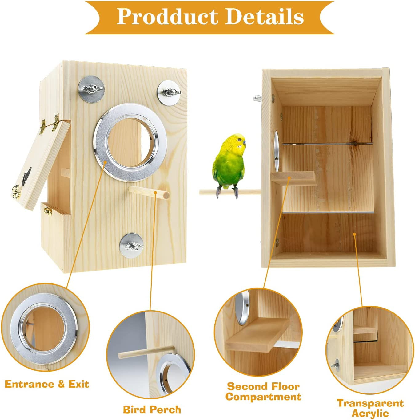 Vehomy Bird Nest Box Parakeet Breeding Nest Box Bird Nest House Wooden Acrylic Transparent Breeding Box for Finch Lovebirds Cockatiel Budgie Conure Parrot