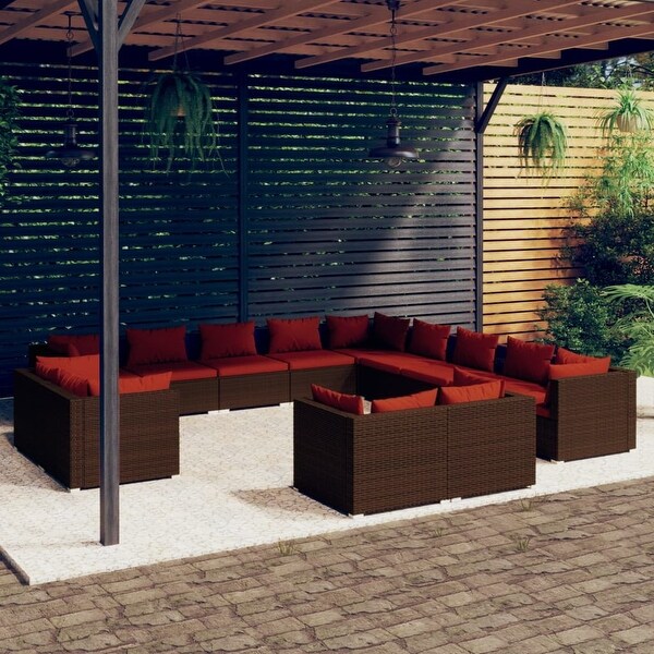 13 Piece Patio Lounge Set with Cushions Brown Poly Rattan - Overstock - 36365542