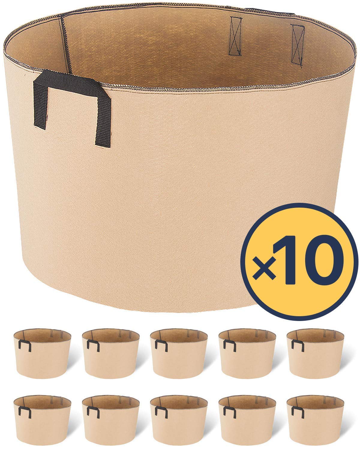 iPower 15-Gallon 10-Pack Grow Bags Fabric Aeration Pots Container with Strap Handles for Nursery Garden and Planting(Tan)