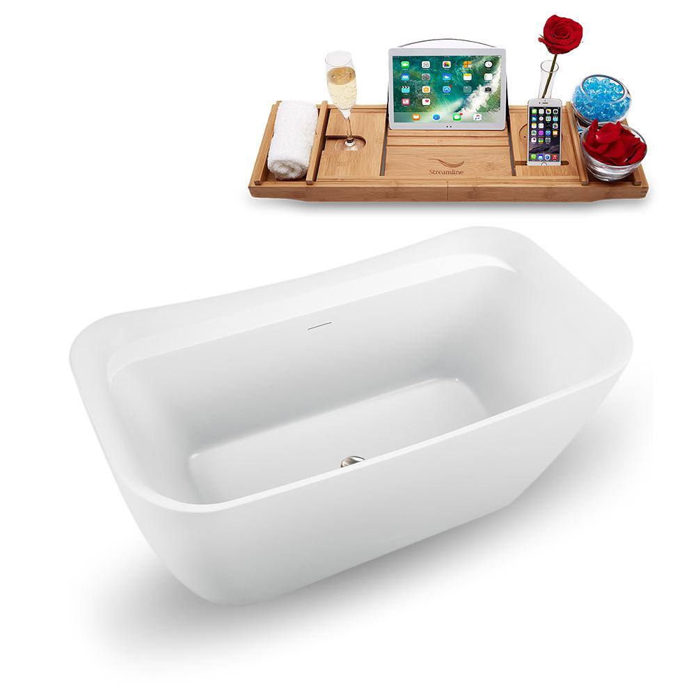 Streamline 59 in. Acrylic Flatbottom Non-Whirlpool Bathtub in Glossy White with Brushed Nickel Drain N1720BNK