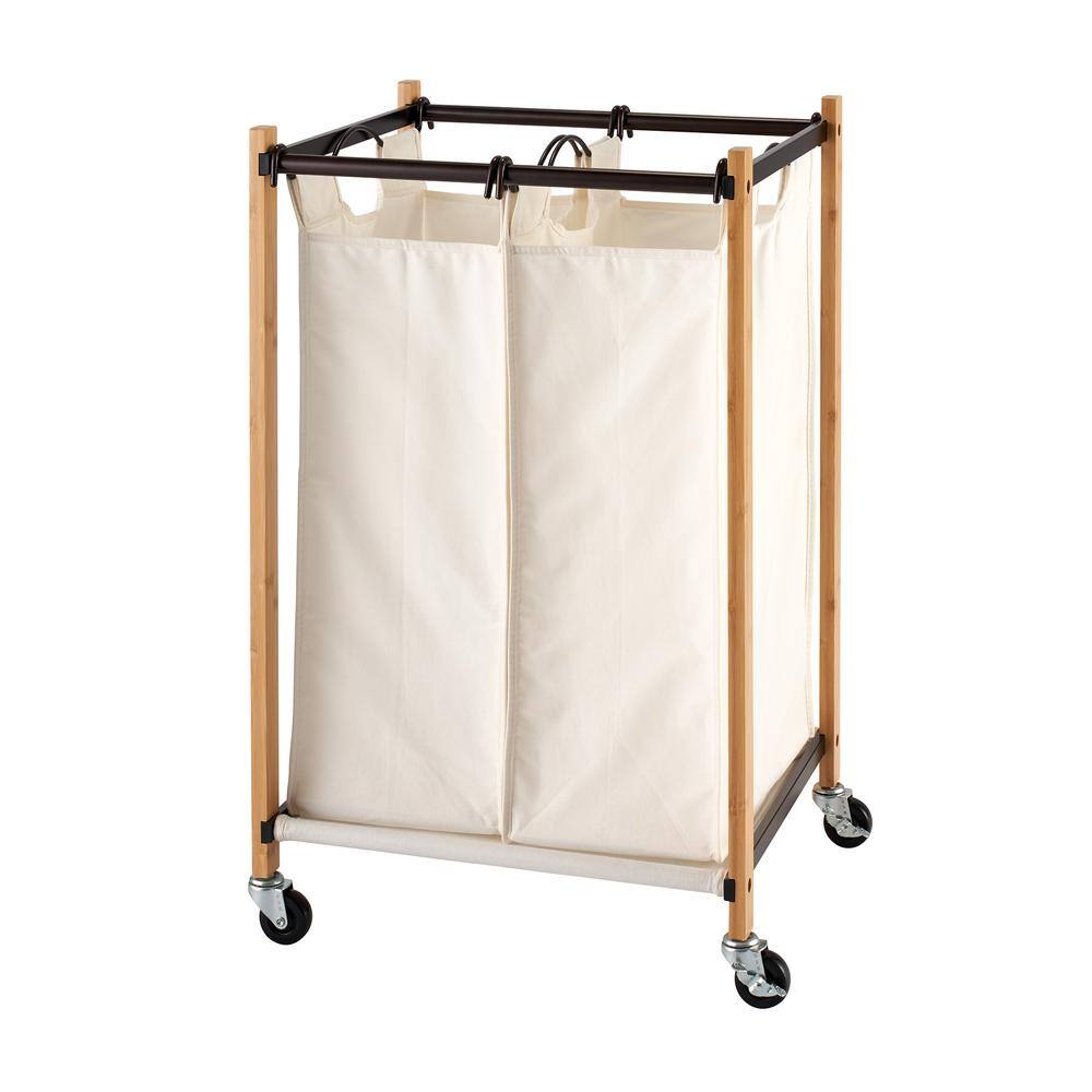 TRINITY Basics Bronze 2-Bag Bamboo Laundry Cart With Wheels TBFPBR-2104