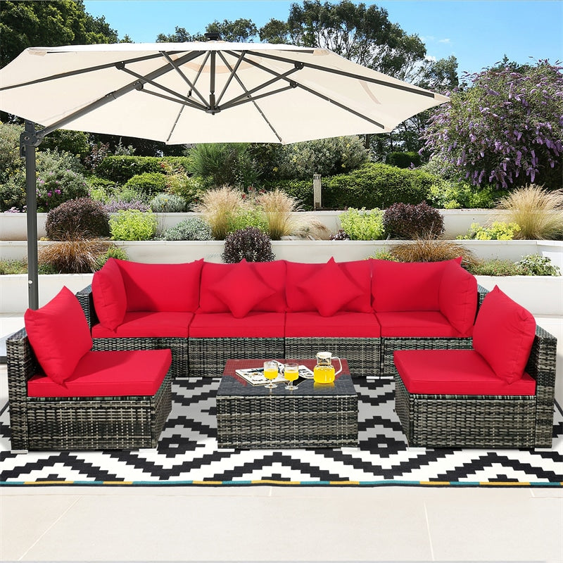 7 Pcs Rattan Patio Sectional Couch Set Outdoor Wicker Furniture Set with Cushions & Coffee Table