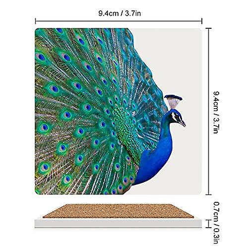 Colourlife Square Drink Coasters 6 Pcs Colored Peacock On White Absorbent Ceramic Coffee Coasters For Drinks With Cork Base Housewarming Gift For Home