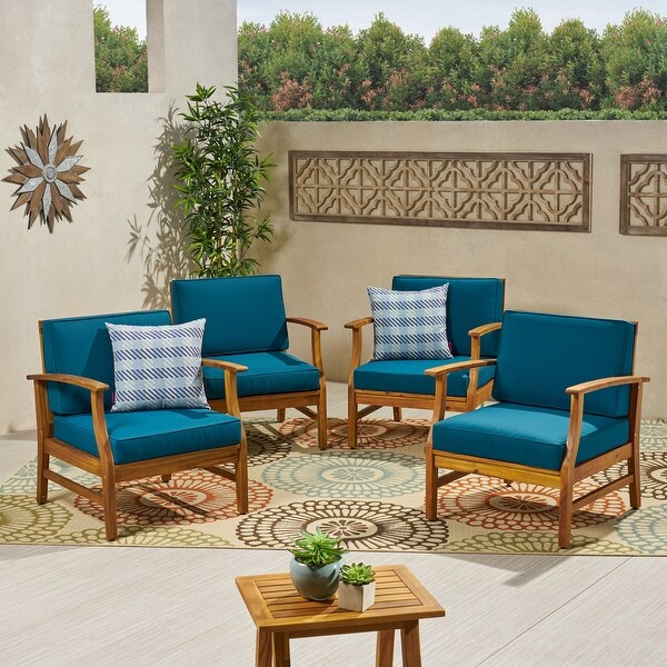 Perla Outdoor Acacia Wood Club Chair with Cushion (Set of 4) by Christopher Knight Home