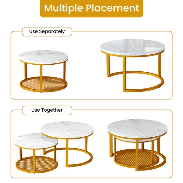 Stylish Round Coffee Table Set Nesting Coffee Tables with Metal Frame and 1 Metal Mesh Shelf (Set of 2)