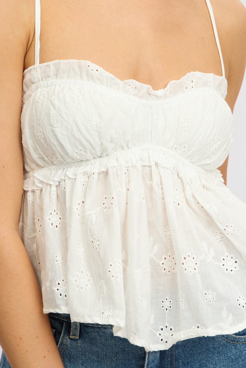 White Cami Top Sleeveless Ruched Bust Broderie