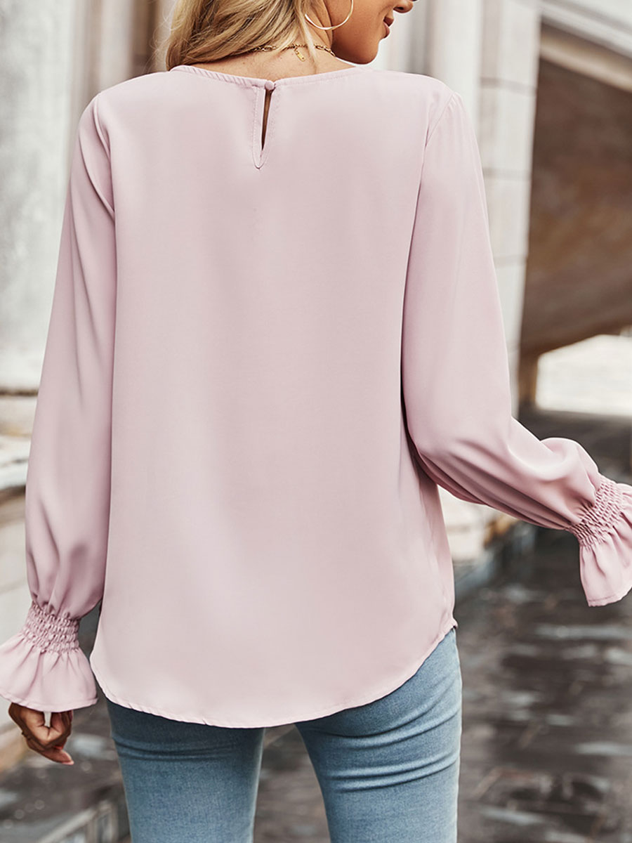 Round Neck Casual Loose Solid Color Long Sleeve Blouse