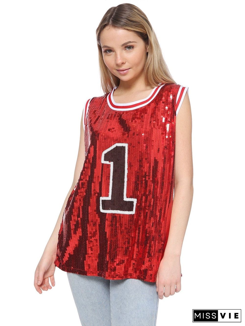 Sparkle Glitter Hip Hop Number 1 T-Shirt Top Blouse Tunic Sequins Basketball Tank Vests