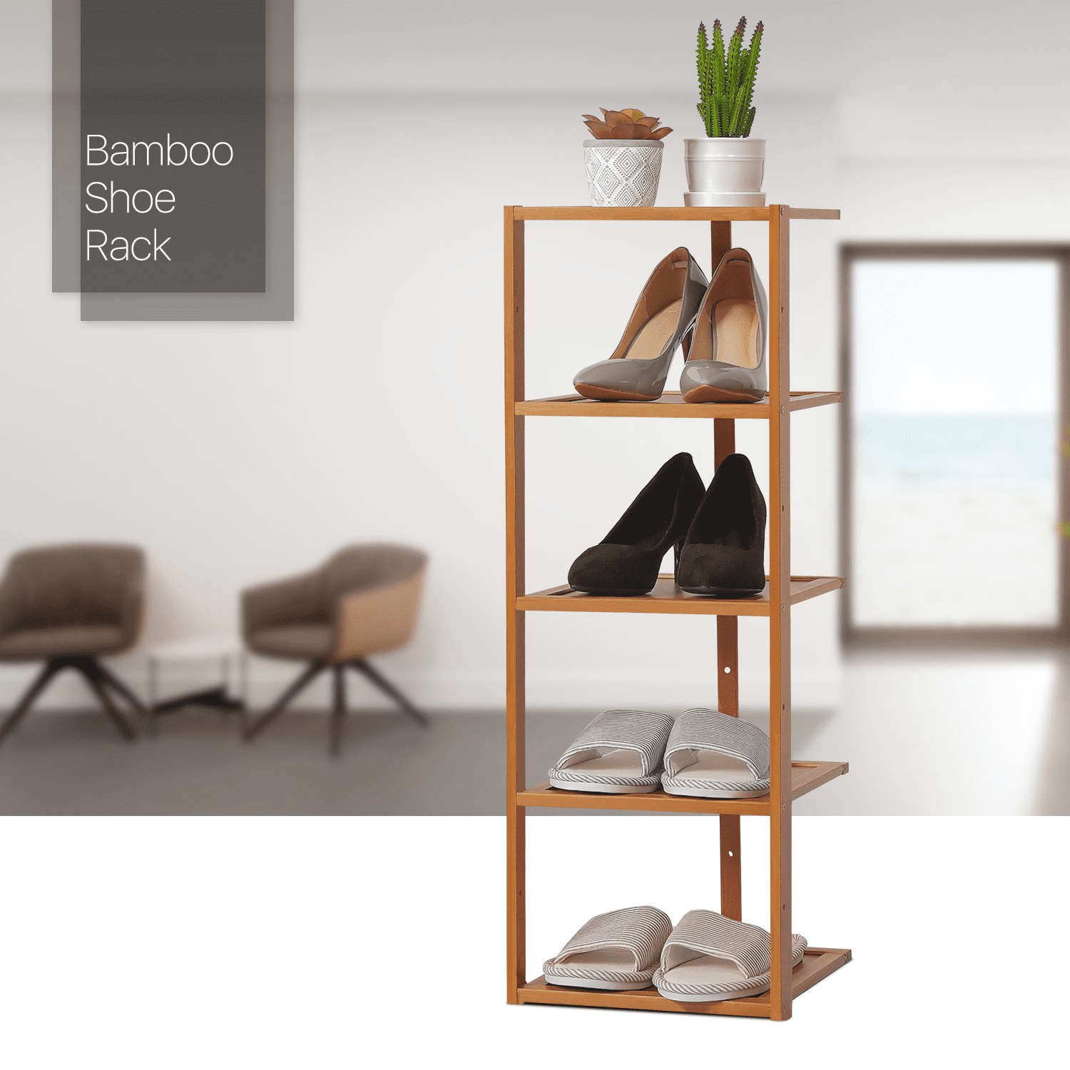 MoNiBloom Bamboo 5 Tiers 5 Pairs Adjustable Shoes Rack， Storage Stand， Brown， for Entryway