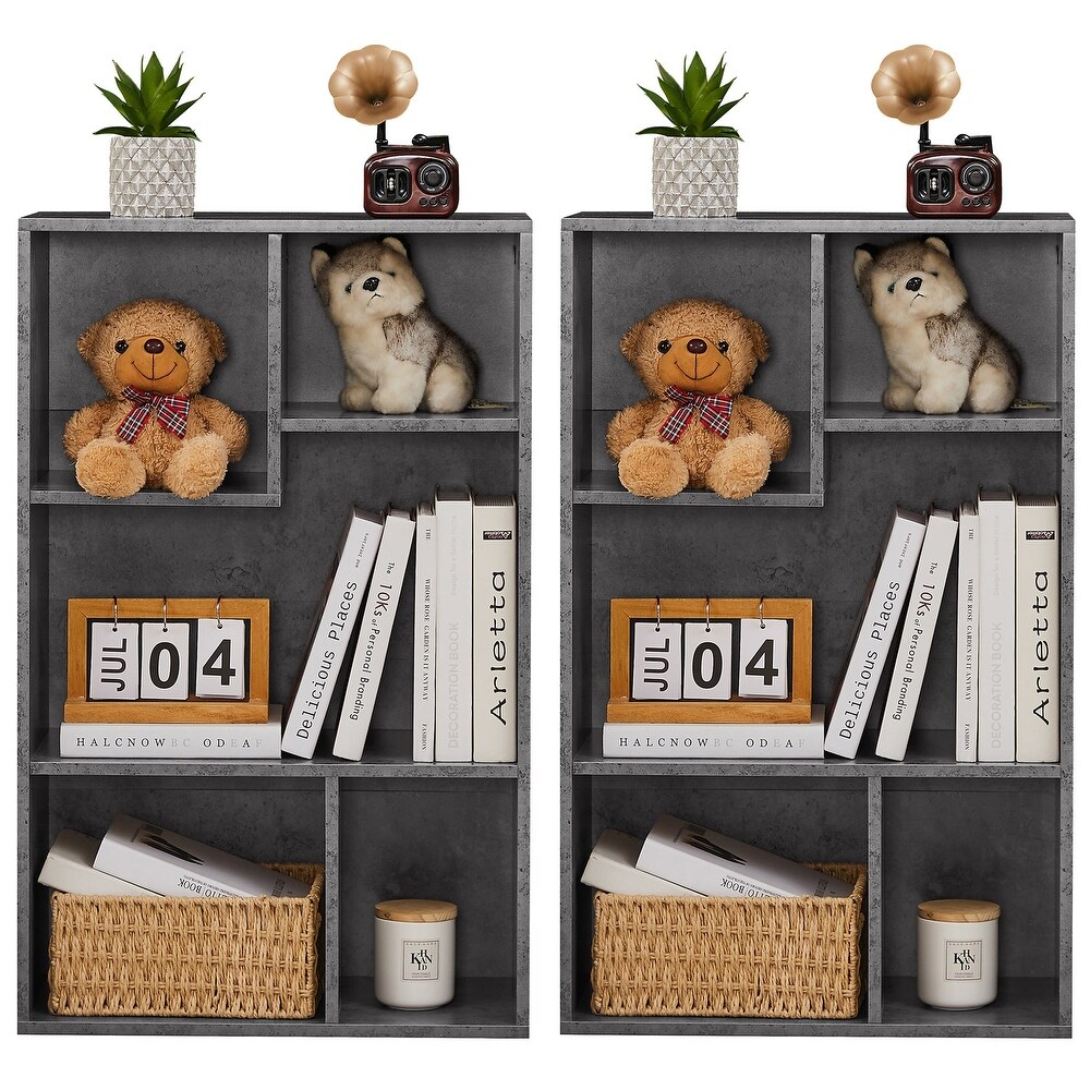 VECELO  Widened Version，(Set of 2)2 Tier Five Open Cube Wooden Bookcase Organizer  Bookshelf