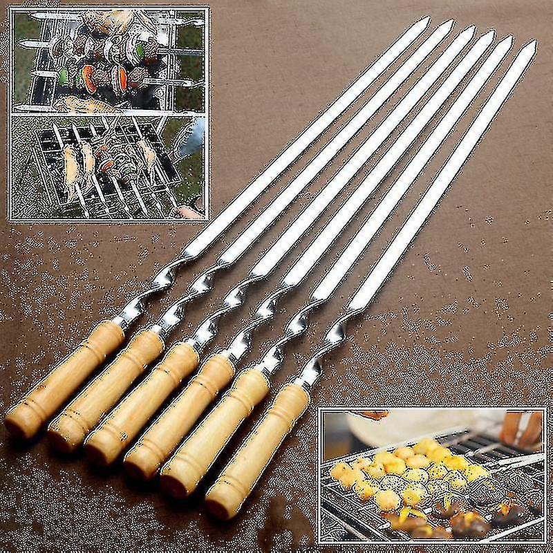 6pcs 55cm Bbq Skewers Long Handle Shish Kebab Barbecue Grill Stick Wood Bbq Fork Stainless Steel Ou