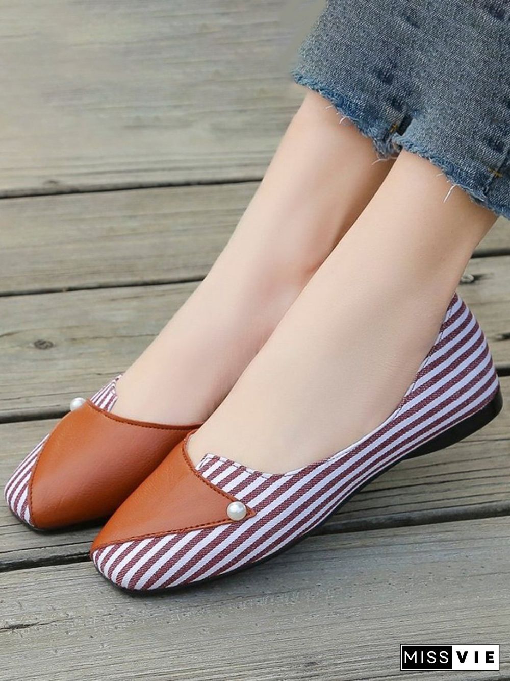 Women Striped All Season Urban Split Joint PU Pu Slip On Standard Shallow Shoes Flats