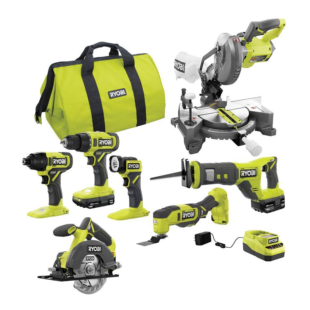 RYOBI ONE+ 18V Cordless 6-Tool Combo Kit with 1.5 Ah and 4.0 Ah Batteries Charger and Miter Saw PCL1600K2-P553