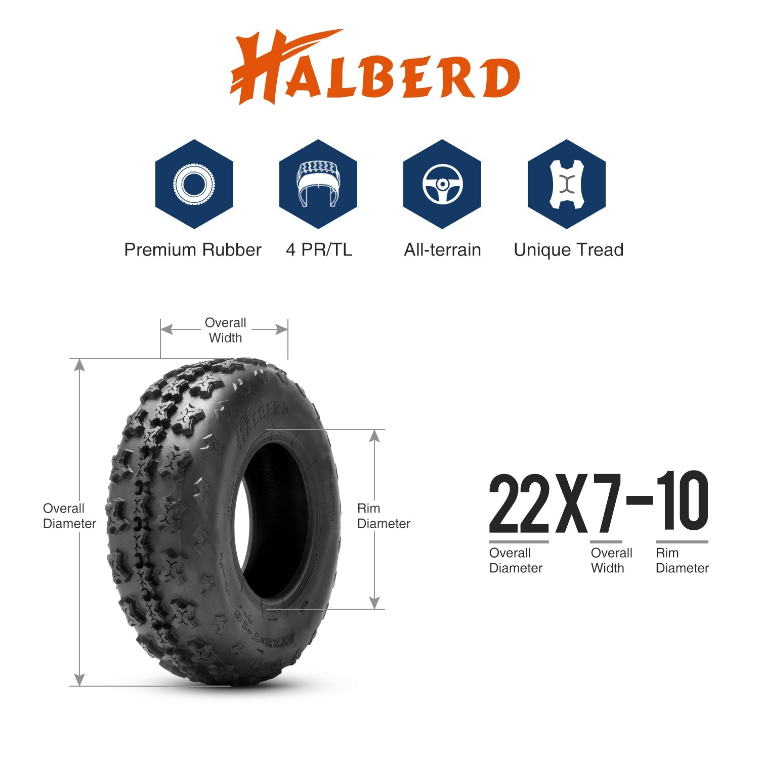 HALBERD 22x7-10 22x7x10 Sport Quad ATV Tires 4 Ply All Terrain Front Tires Fit All 10