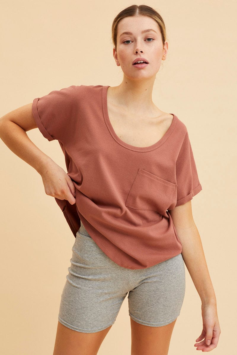 Brown Pocket Tee Scoop Neck Cotton Stretch Short Sleeve