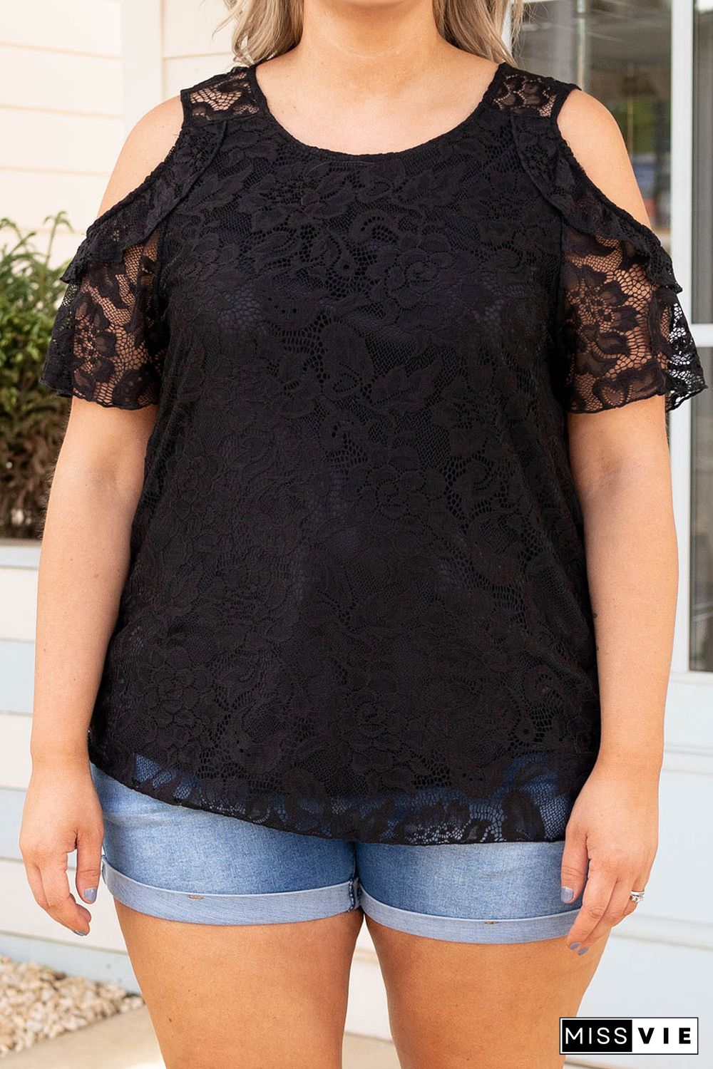 Black Floral Lace Cold Shoulder Plus Size Top