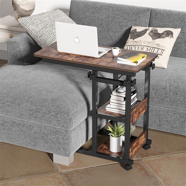 Brown/ Black Wood C-Shaped OverBed SideTable with Wheels， Industrial mobile Bed End Tables for Bedroom