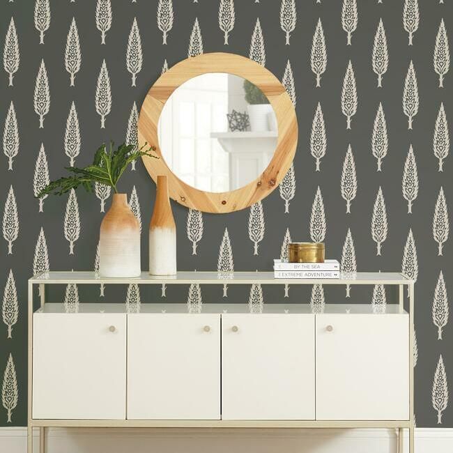 Juniper Tree Wallpaper in Black and Taupe from the Silhouettes Collection