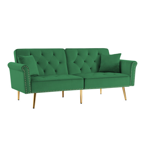 Velvet Tufted Sofa Couch with 2 Pillows and Nailhe...