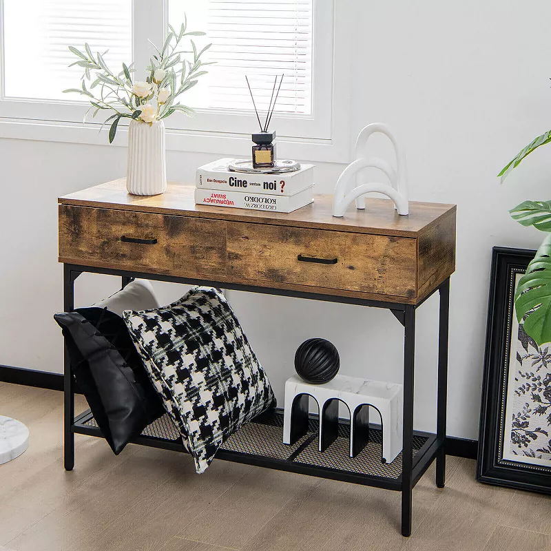 2 Drawers Industrial Console Table with Steel Frame for Small Space-Rustic Brown