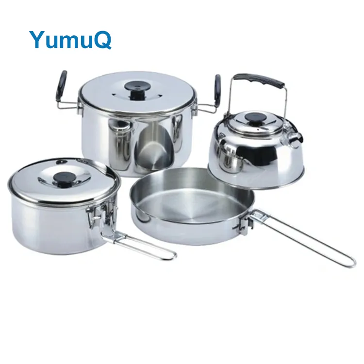 YumuQ 4 Pieces Stainless Steel Outdoor Camping Cookware Pot Set With Tea Kettle For Travel Hiking Picnic