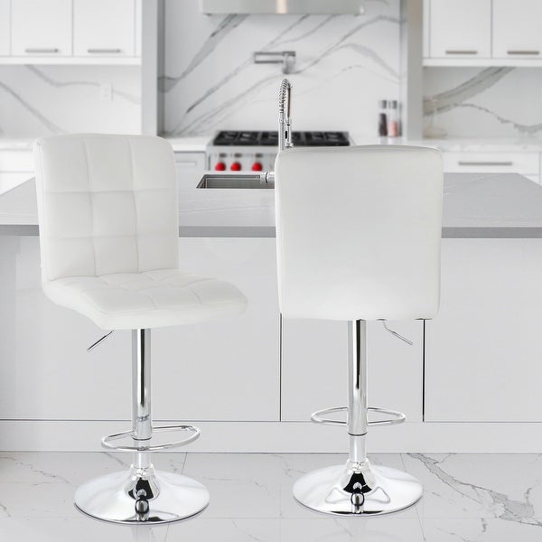 Elama Square Tufted Faux Leather Modern Bar Stool White Adjustable Swivel Base Set of 2