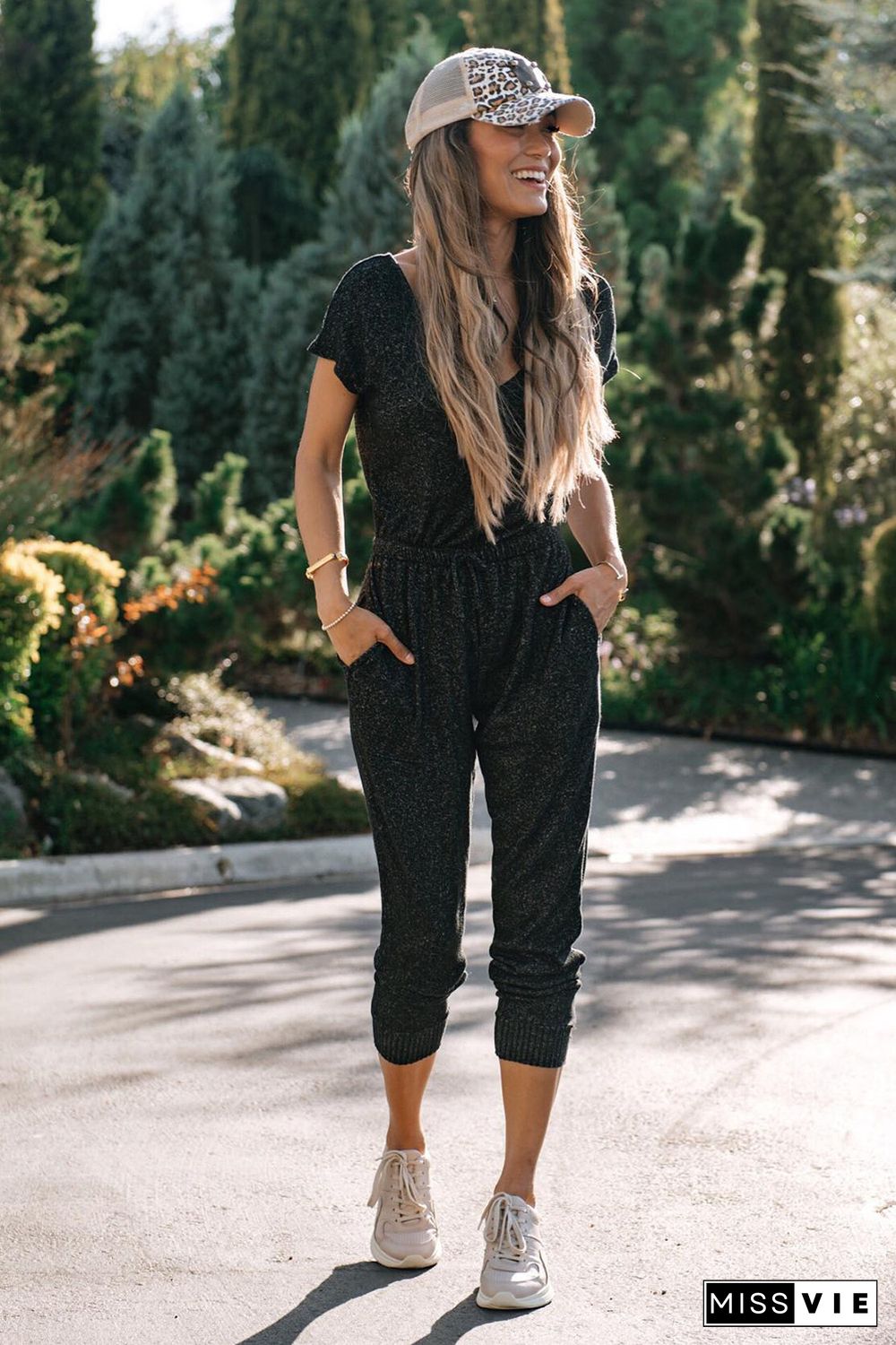 Black Heather Short Sleeve Drawstring High Waist Jumpsuit