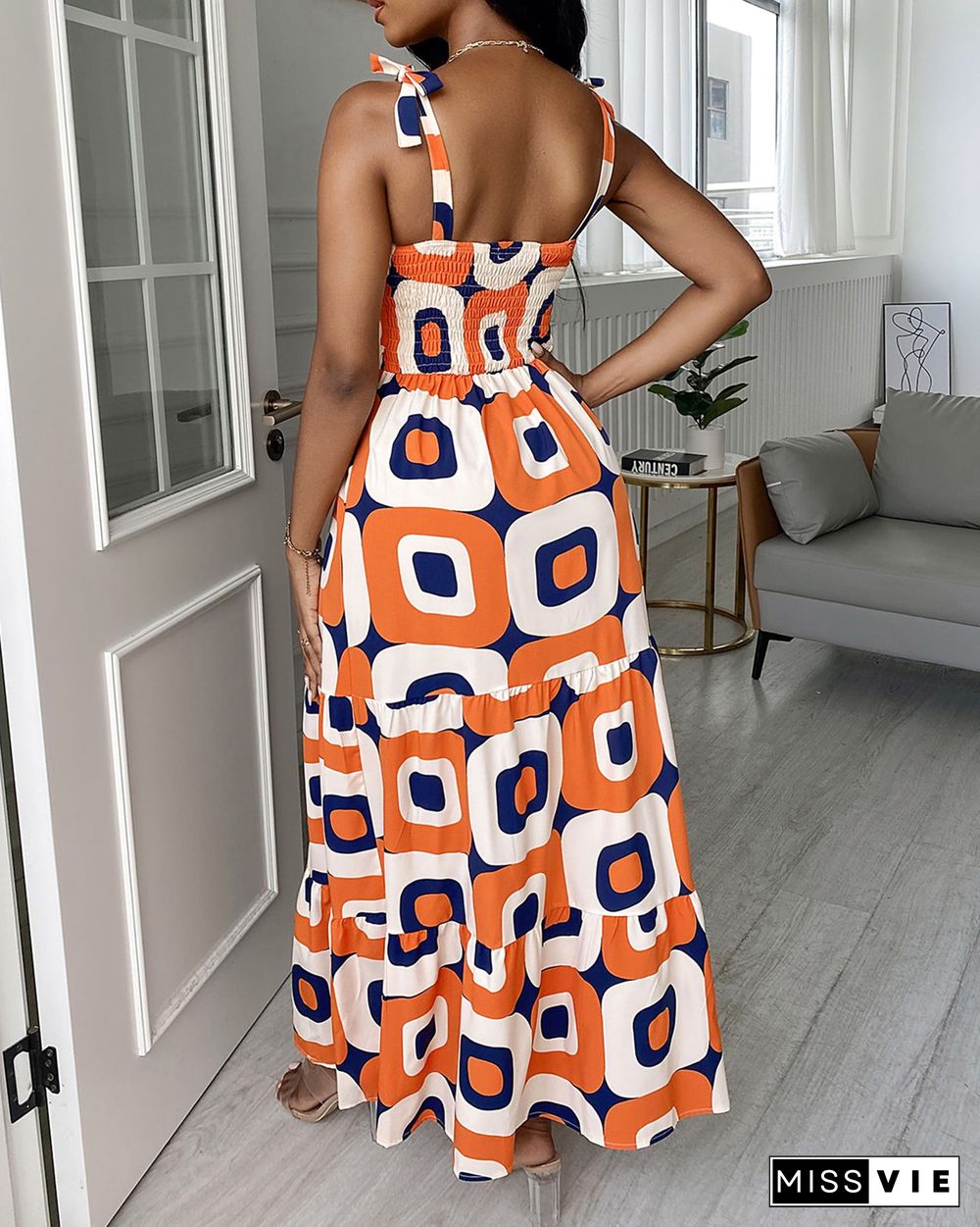 Geo Print Shirred Back Knot Shoulder Maxi Dress