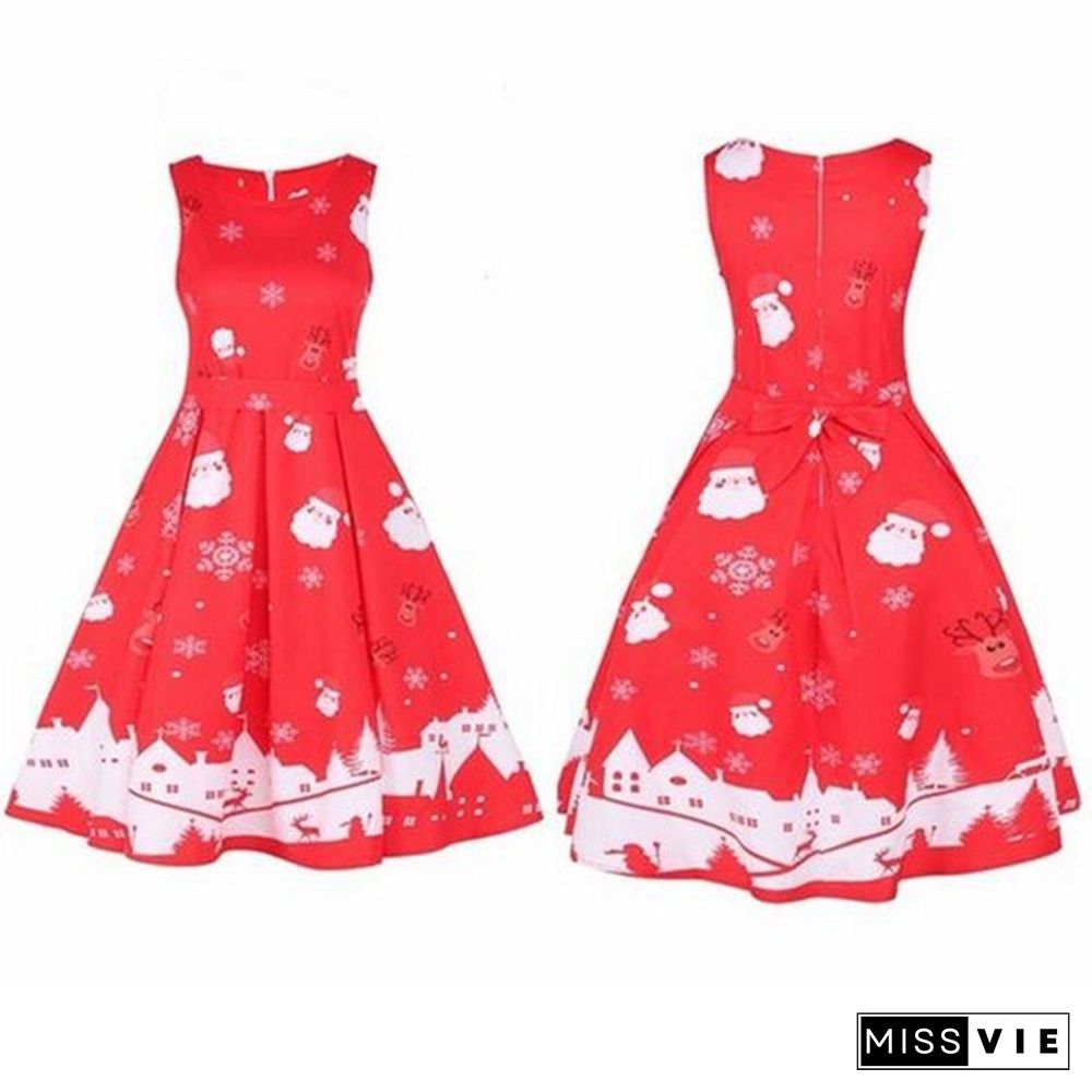 Christmas Dresses for Women Sleeveless Cocktail A-Line Xmas Santa Claus Snowflake Christmas Party Dress Retro Vintage Style Cocktail Party Swing Dresses