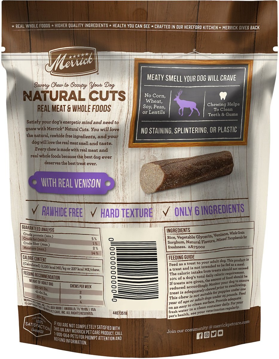 Merrick Natural Cuts Medium Real Venison Rawhide Free Dog Treats， 4 count