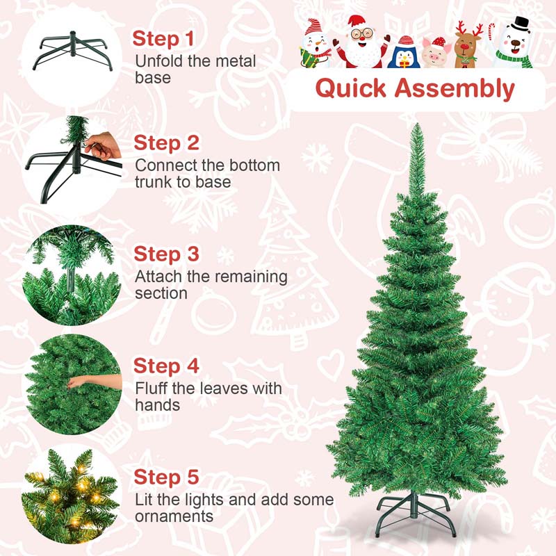 4.5/6.5/7.5FT Pre-Lit Artificial Slim Pencil Christmas Tree with Hinged Branch Tips, LED Lights & Solid Metal Stand