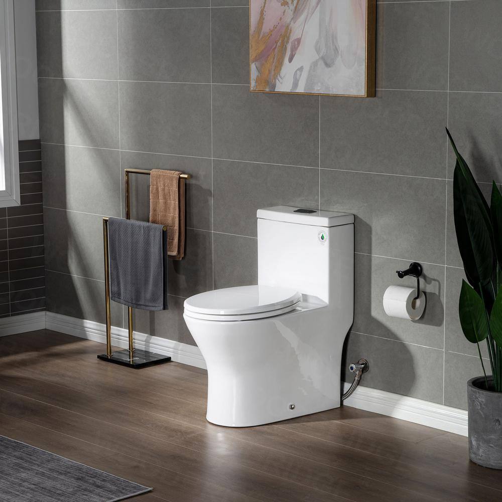 WOODBRIDGE Reo 1-Piece 1.28 GPF High Efficiency Dual Flush Round All-In One Toilet in White with Soft Closed Seat Included HB0500MB