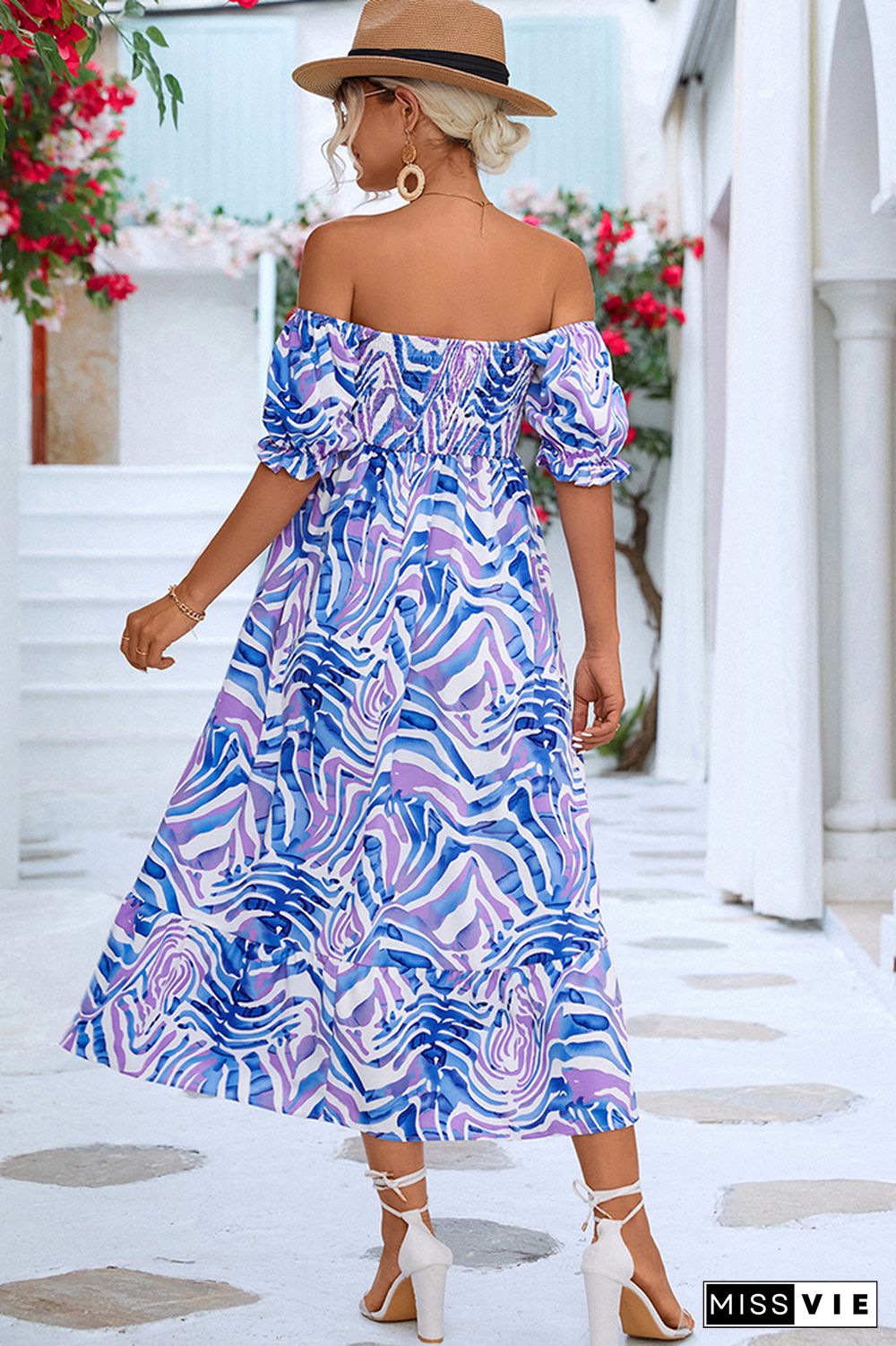 Off Shoulder Smocked High Waist Printed Maxi Dress