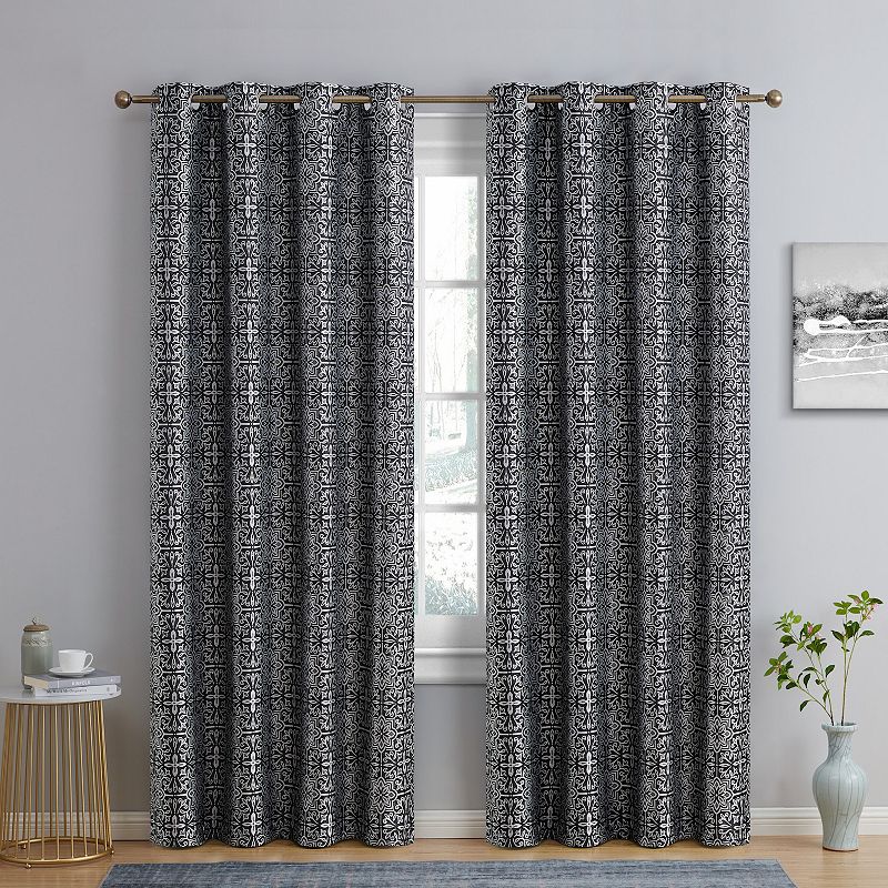 THD Venice Moroccan Tile 100% Full Complete Blackout Heavy Thermal Insulated Energy Saving Heat/Cold Blocking Grommet Curtain Drapery Panels Bedroom and Living Room， Set of 2