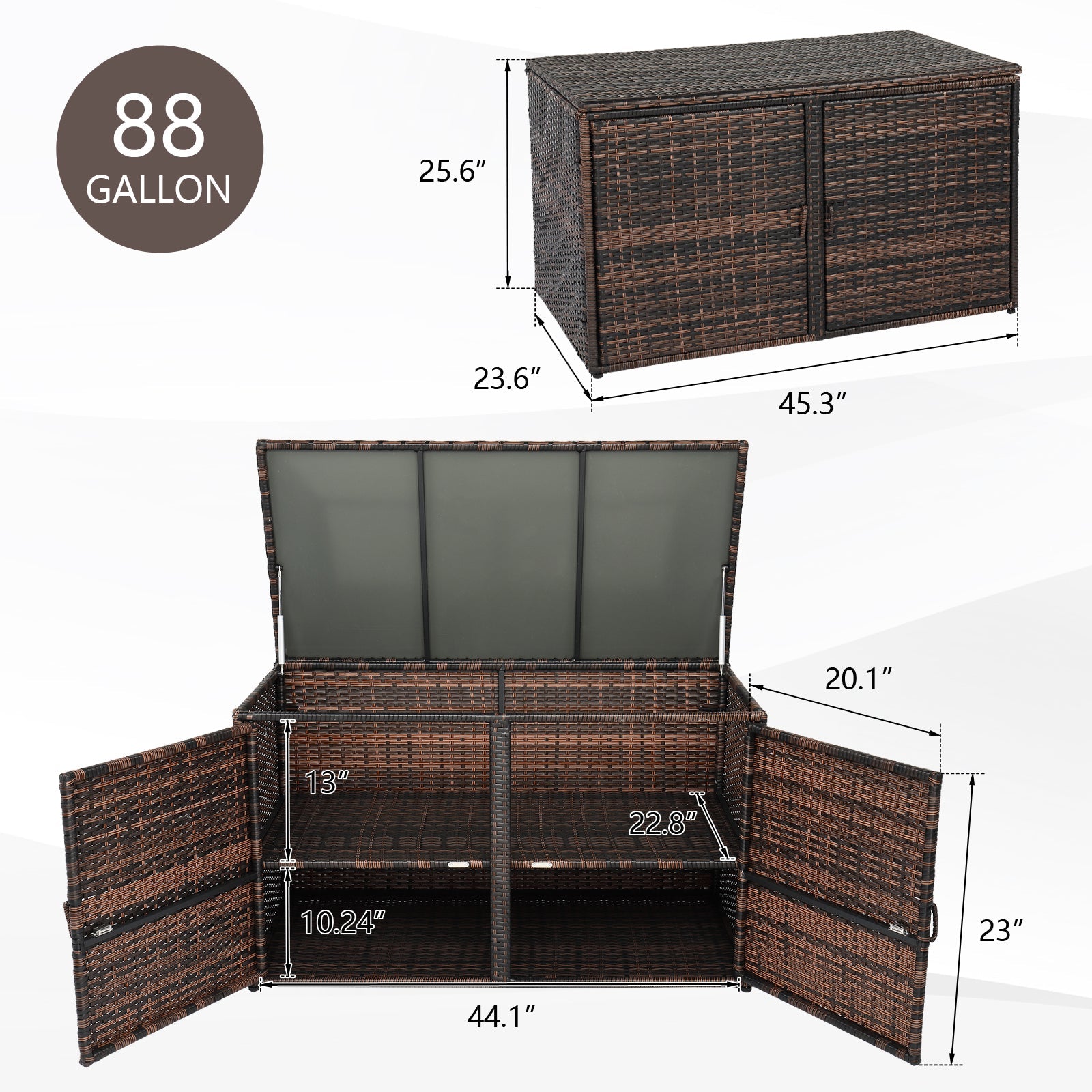 VINGLI 88 gallon Outdoor Rattan Deck Box w/ Openable Doors & 2 Shelves, Brown