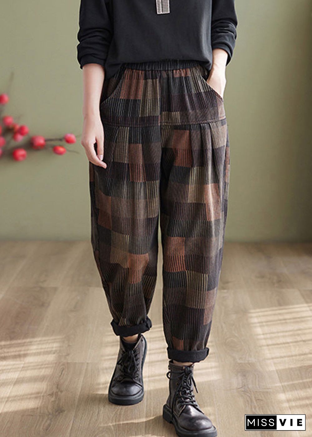 Vintage Plaid Patchwork High Waist Denim Harem Pants Summer