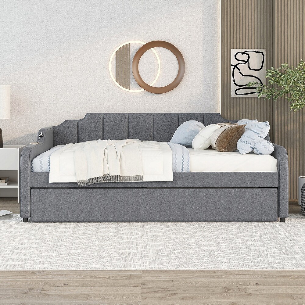 Full Size Grey Upholstered Daybed with Adjustable Trundle and USB Port