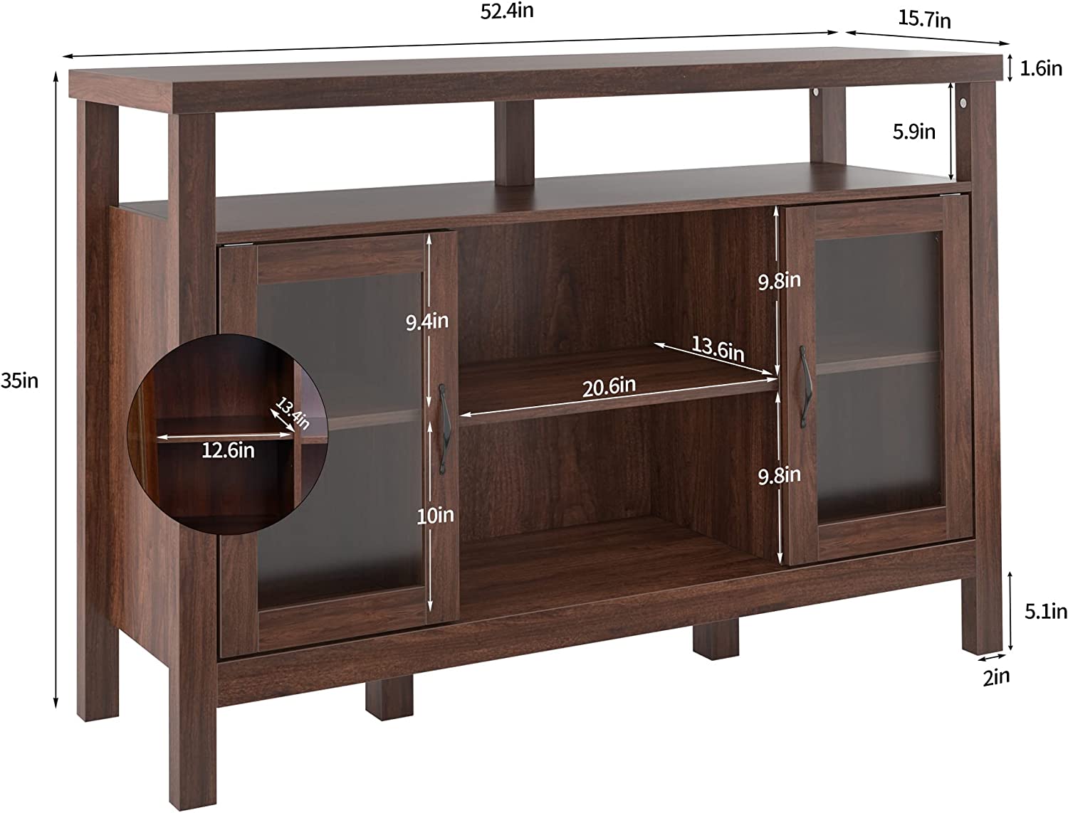 Soges Sideboard Storage Cabinet， Wood Buffet Sideboard with Shelf， Kitchen Cabinet with Glass Doors， Coffee Bar Cabinet， Brown